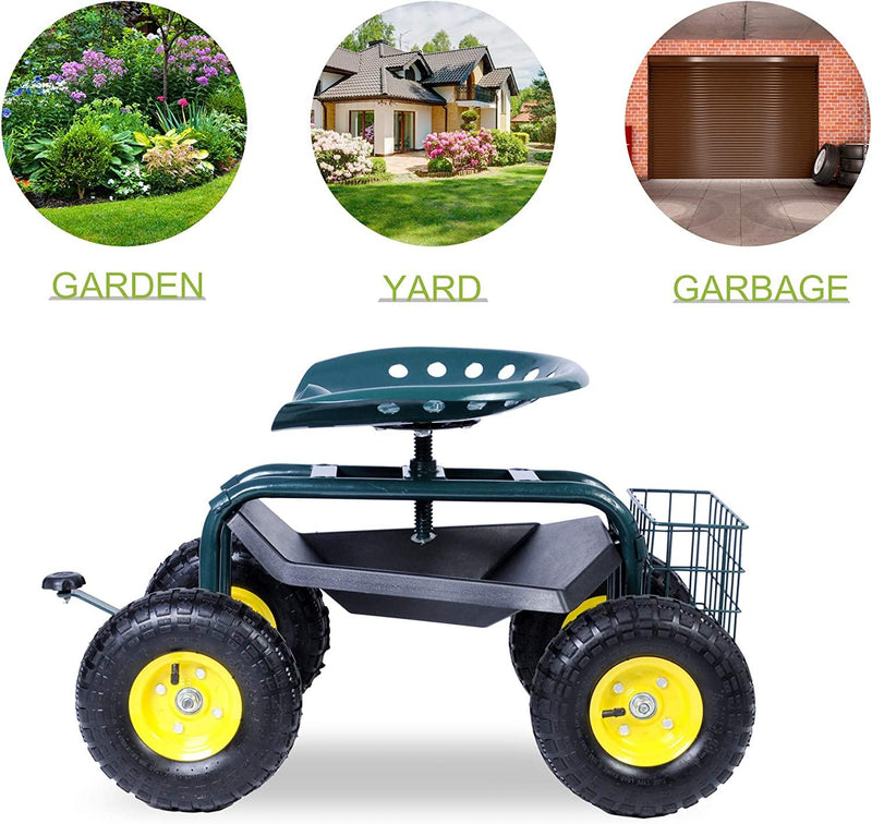 Garden Cart Wagon Scooter Rolling Yard Work Seat  with Tool Tray and 360 Swivel Seat