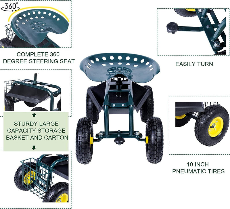 Garden Cart Wagon Scooter Rolling Yard Work Seat  with Tool Tray and 360 Swivel Seat