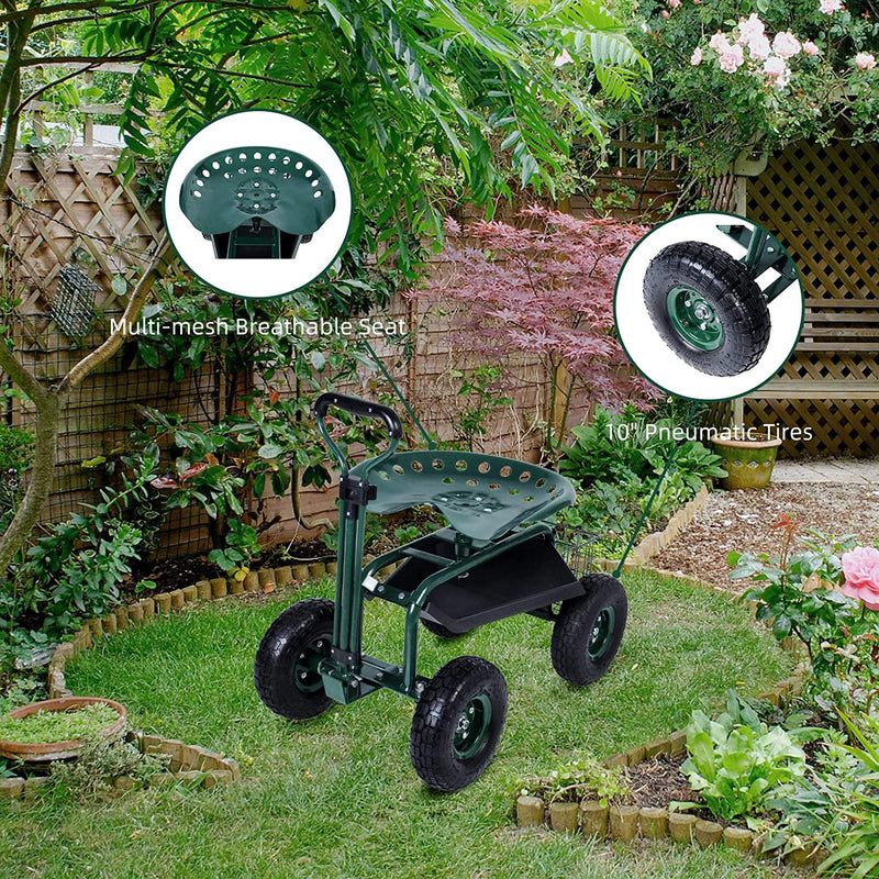 Rolling Garden Cart Wagon Scooter Lawn Yard Patio Work Seat with Tool Tray & 360 Swivel Work Seat