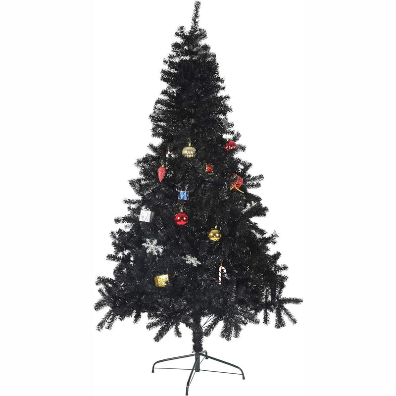 7' Black Christmas Tree Halloween Tree Artificial Pine Tree Holiday Decoration with Xmas Tree Ornaments w/ 1000 Branch Tips