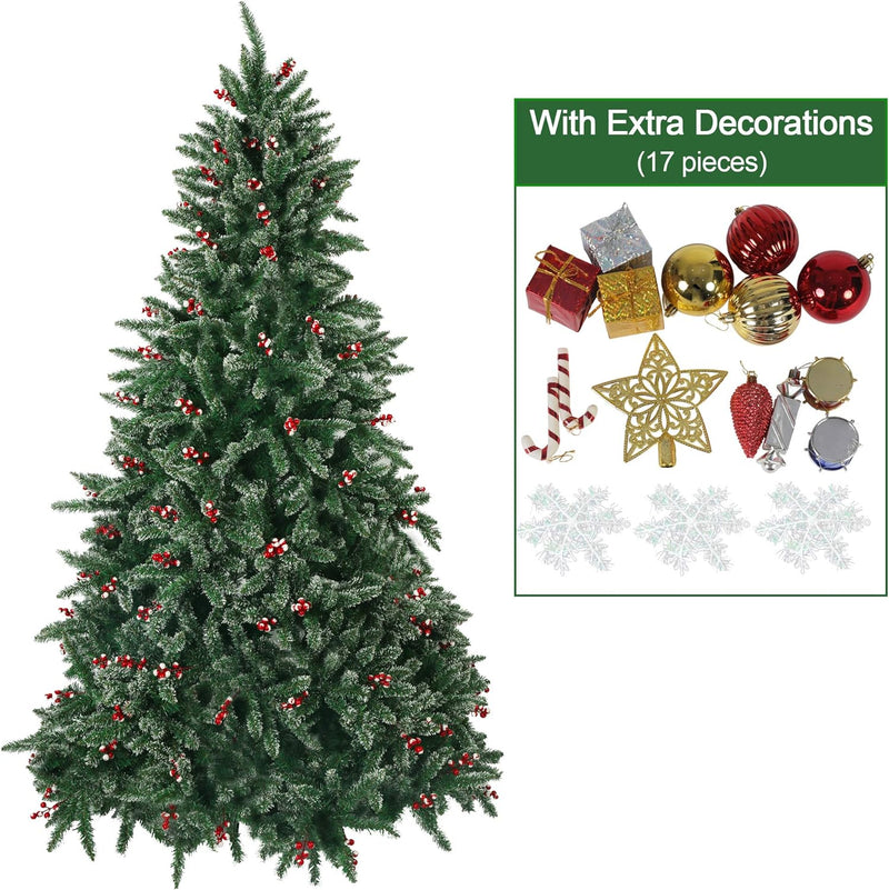 7' Artificial Christmas Tree Snow Flocked 1390 Tips Pine Decoration with Red Cheery