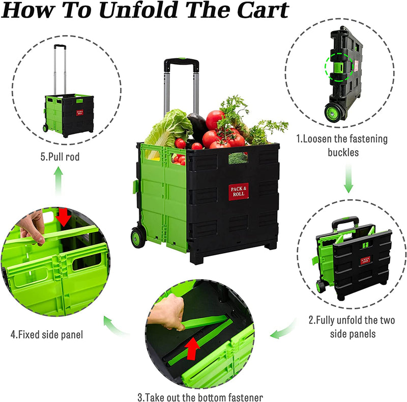 56L Folding Portable Rolling Utility Shopping Cart Crate with Telescopic Handle (Green, Large)