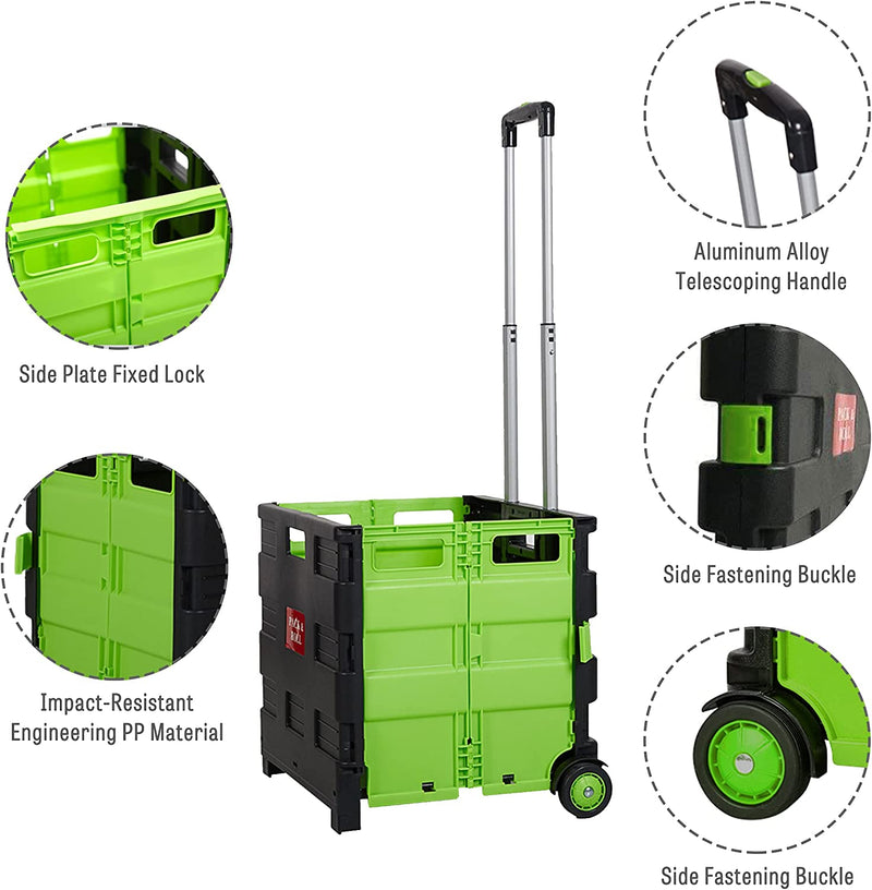 56L Folding Portable Rolling Utility Shopping Cart Crate with Telescopic Handle (Green, Large)