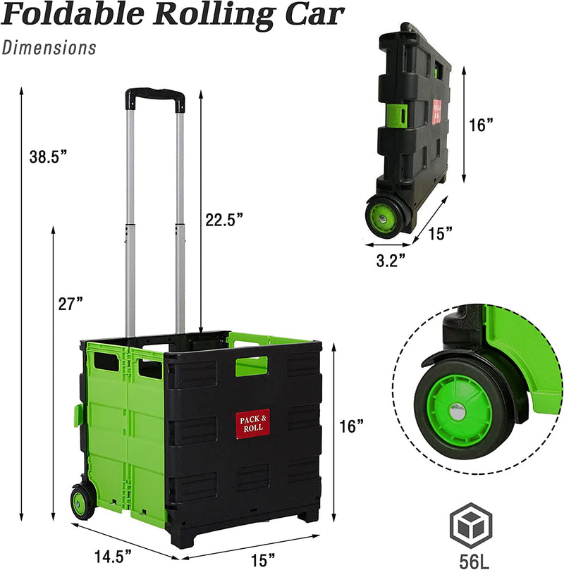 56L Folding Portable Rolling Utility Shopping Cart Crate with Telescopic Handle (Green, Large)