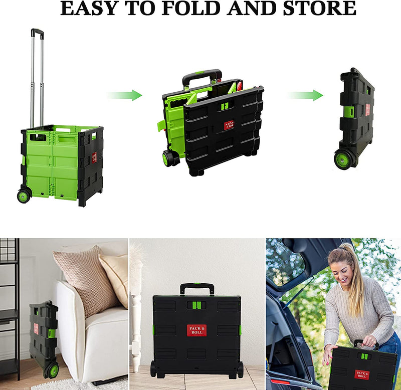 56L Folding Portable Rolling Utility Shopping Cart Crate with Telescopic Handle (Green, Large)