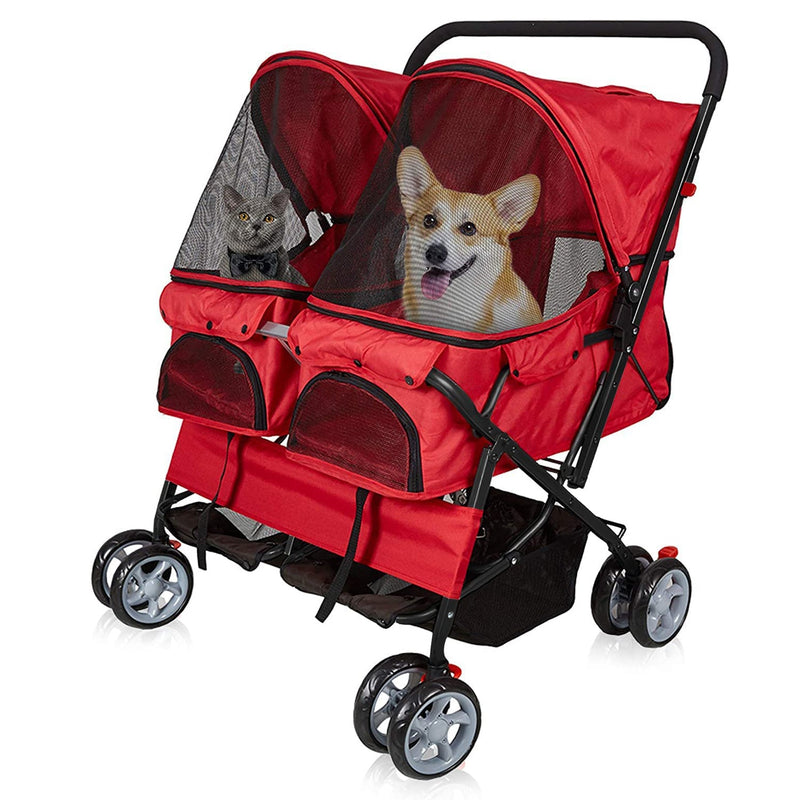 Double Folding Dog & Cat Stroller Two-Seater Pet Carrier Cart, Red