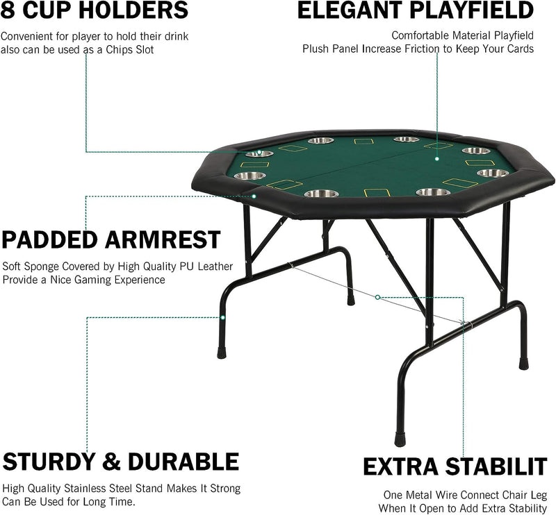 48" Octagon 8-Player Foldable Poker Table Texas Casino Table with Stainless Steel Cup Holder