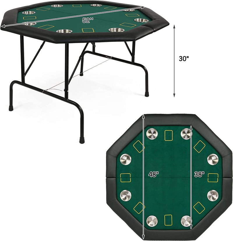 48" Octagon 8-Player Foldable Poker Table Texas Casino Table with Stainless Steel Cup Holder