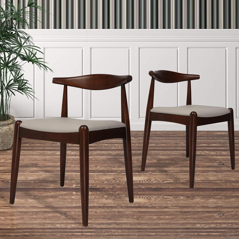 2PCs Dining Chairs, Mid-Century Side Modern Chairs with Faux Leather Cushion and Curved Backrest Low-Back Dining Chairs (Walnut)