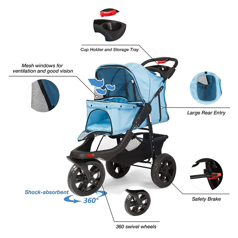 3-Wheels pet Stroller, Foldable Jogger Pet Stroller with Storage Basket, Blue