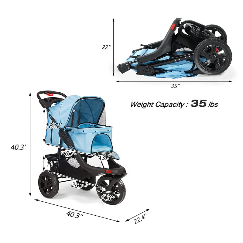 3-Wheels pet Stroller, Foldable Jogger Pet Stroller with Storage Basket, Blue