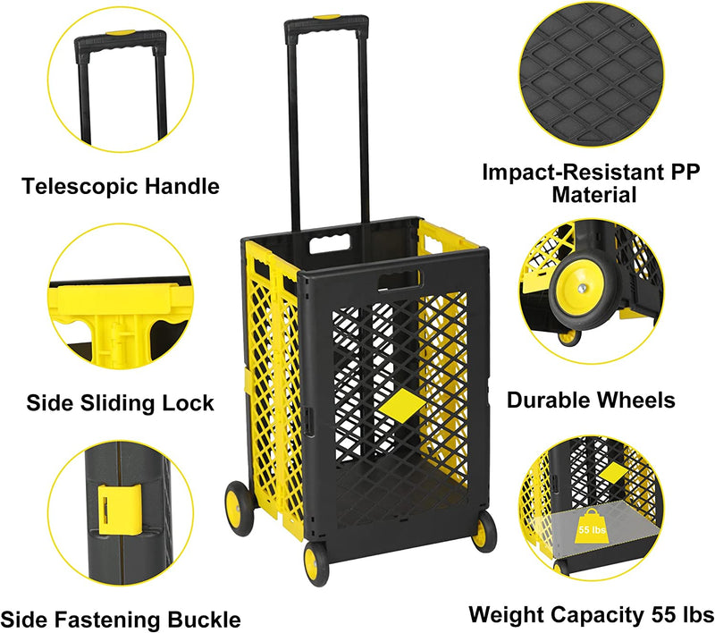 55L Foldable Rolling Cart with Wheels, Portable Updated Utility Tools Rolling Crate w/ Telescopic Handle, Yellow