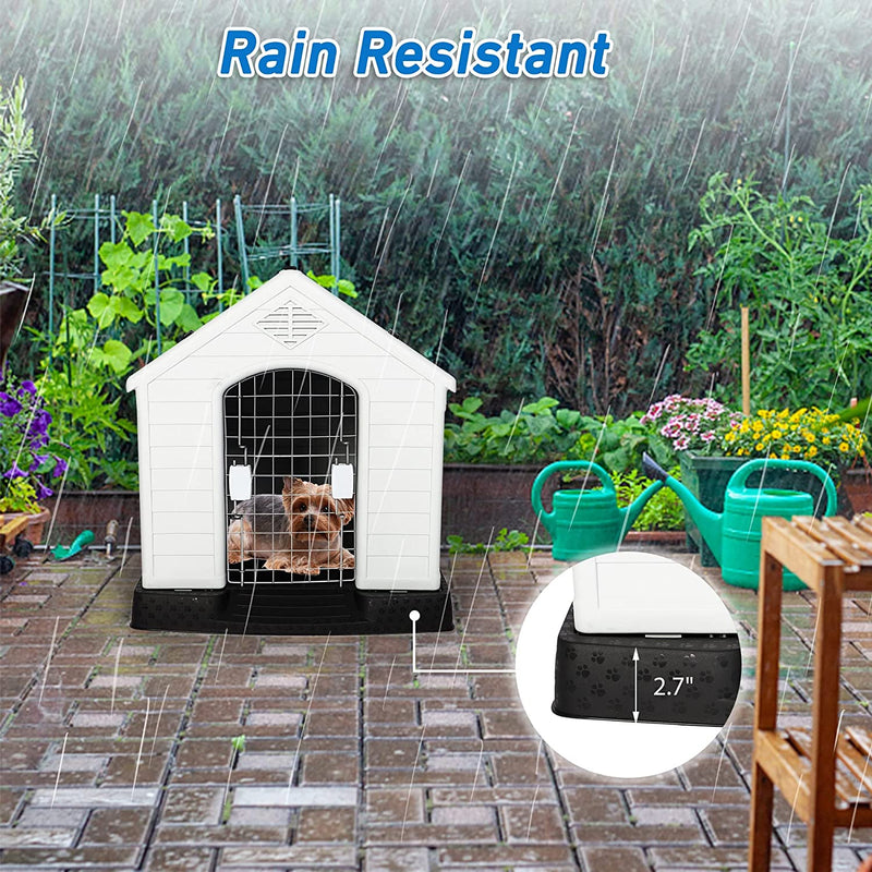 Plastic Outdoor Dog House with Door 24.8" Height Weatherproof Puppy Kennel Pet Crate with Elevated Floor Air Vents, Small