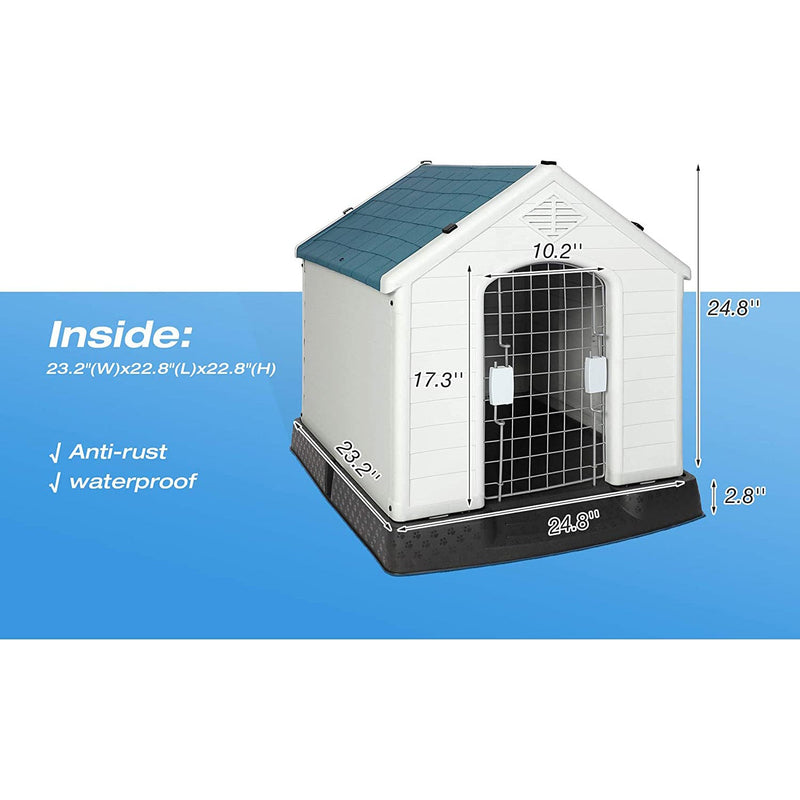 Plastic Outdoor Dog House with Door 24.8" Height Weatherproof Puppy Kennel Pet Crate with Elevated Floor Air Vents, Small