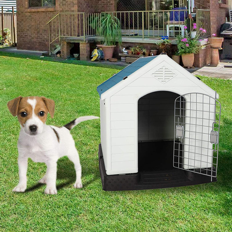 Plastic Outdoor Dog House with Door 24.8" Height Weatherproof Puppy Kennel Pet Crate with Elevated Floor Air Vents, Small