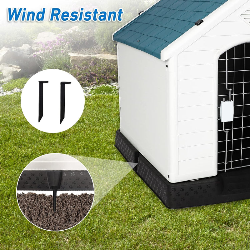 Plastic Ventilate Dog House with Door 28.3" Height Weatherproof Pet House with Elevated Floor, Medium