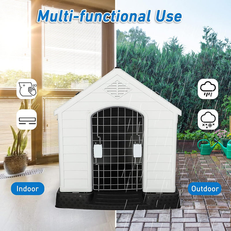 Plastic Ventilate Dog House with Door 28.3" Height Weatherproof Pet House with Elevated Floor, Medium