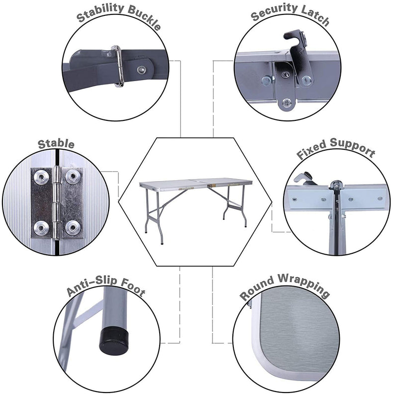 Portable Folding Aluminum Suitcase Table, Compact Camping Picnic Table with Umbrella Hole and Carrying Handle, Silver