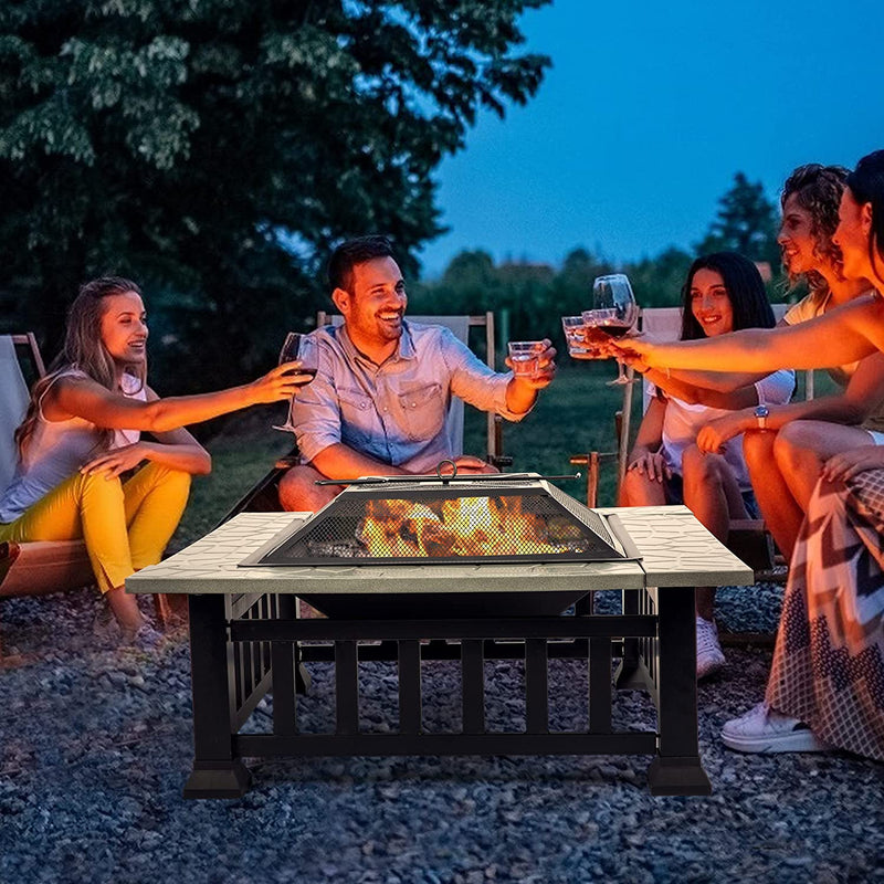 32 Inch Square Fire Pit Table with Wood-Burning Grill, Poker, Lid, and Rain Cover