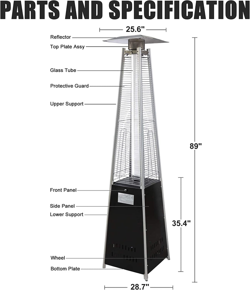 Patio Pyramid Standing 42000 TBU Propane Heater with Wheels, Stainless Steel Burner & Reflector, Silver