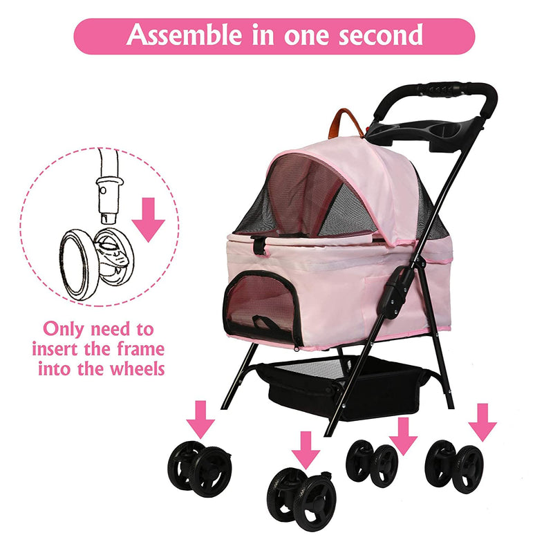 Foldable Pet Stroller with Detachable Carrier & Cup Holder for Small Dog/Cat, Pink