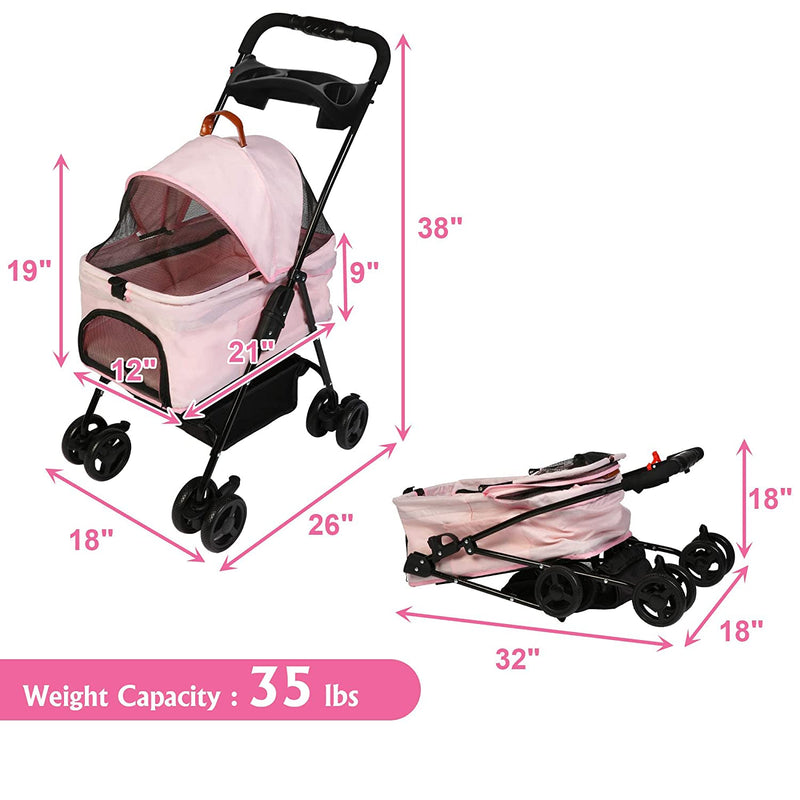 Foldable Pet Stroller with Detachable Carrier & Cup Holder for Small Dog/Cat, Pink