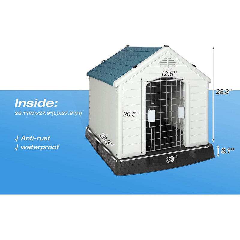 Plastic Ventilate Dog House with Door 28.3" Height Weatherproof Pet House with Elevated Floor, Medium