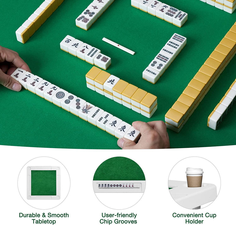 Folding Mahjong Table 35.4" Foldable Square 4 Player Card Poker Table with Cup Holders & Chip Trays for Playing Mahjong