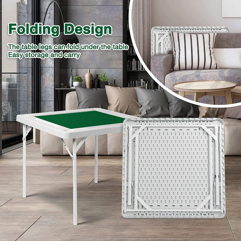 Folding Mahjong Table 35.4" Foldable Square 4 Player Card Poker Table with Cup Holders & Chip Trays for Playing Mahjong