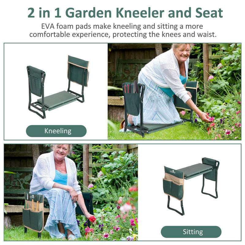 2 in 1 Foldable Heavy Duty Wider Garden Kneeler and Seat Stool with 2 Tool Pouches