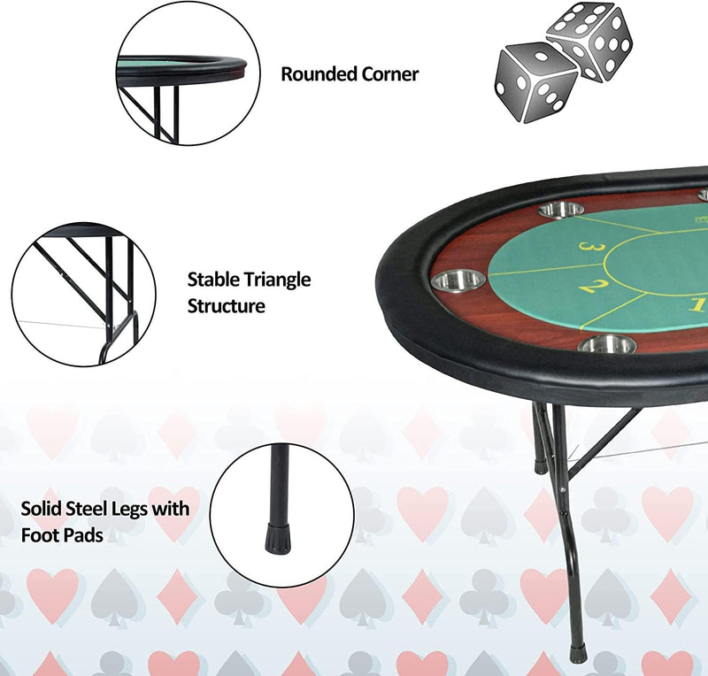 Upgraded 10 Player Oval Folding Poker Table Texas Holdem Poker Table with Stainless Steel Cup Holders, Green