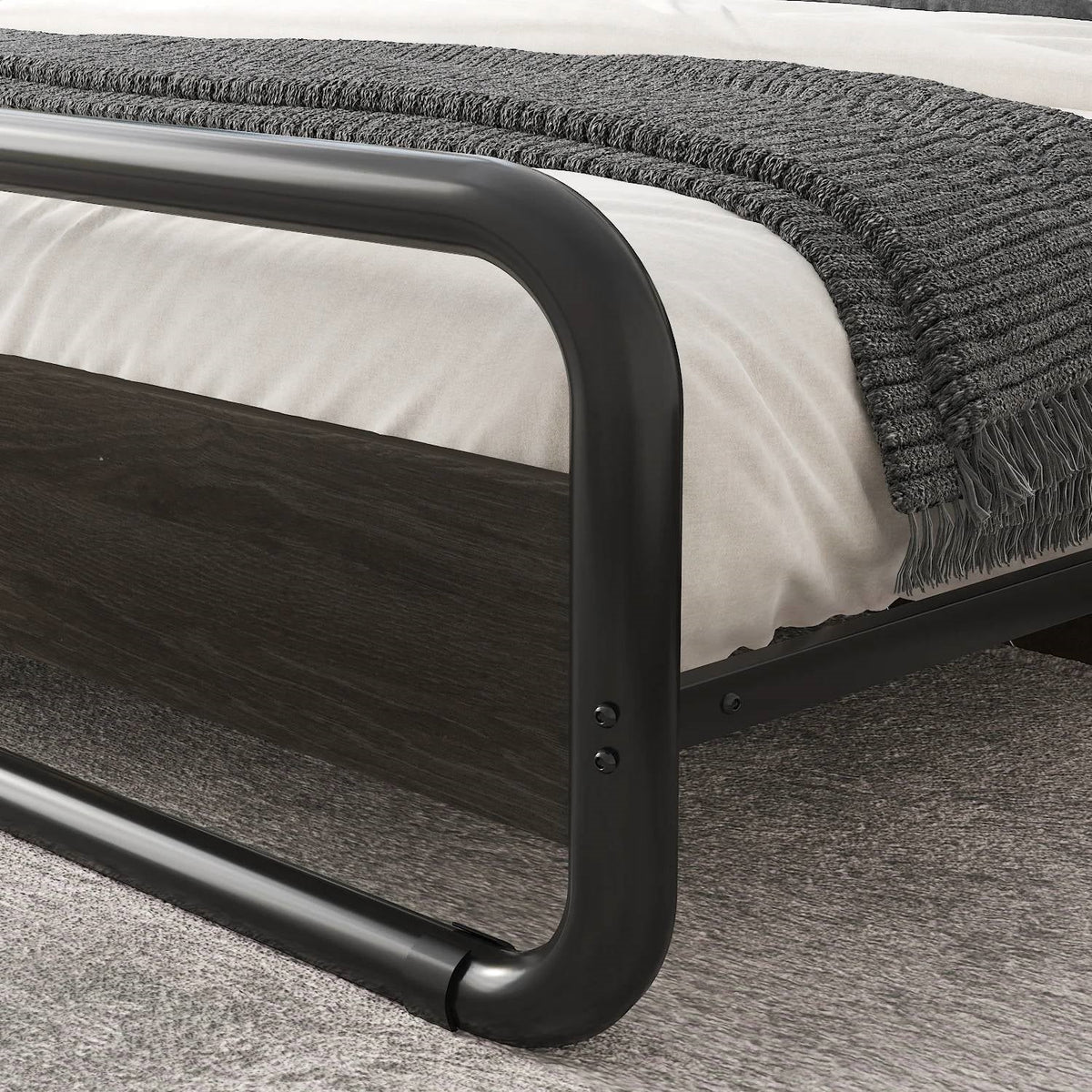 King Heavy Duty Round Metal Frame Platform Bed with Black Wood Panel Headboard, photo 3 of 5