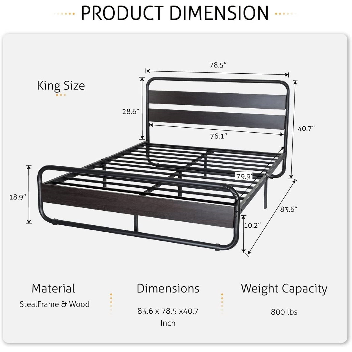 King Heavy Duty Round Metal Frame Platform Bed with Black Wood Panel Headboard, photo 5 of 5