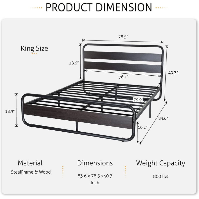 King Heavy Duty Round Metal Frame Platform Bed with Black Wood Panel Headboard, photo 5 of 5