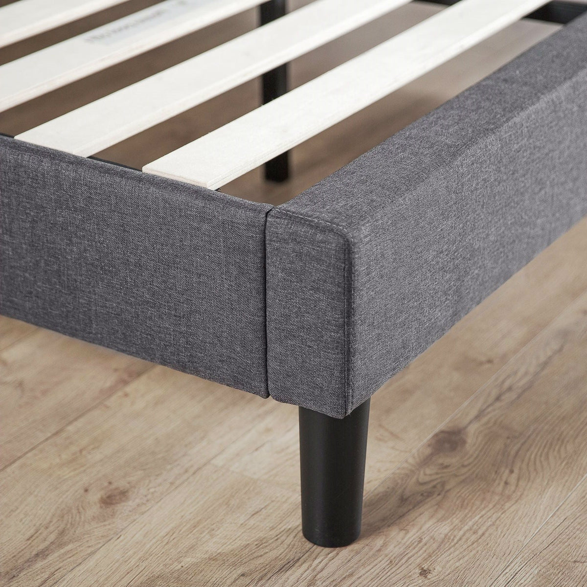King size Grey Upholstered Platform Bed Frame with Mid-Century Style Legs, photo 3 of 3