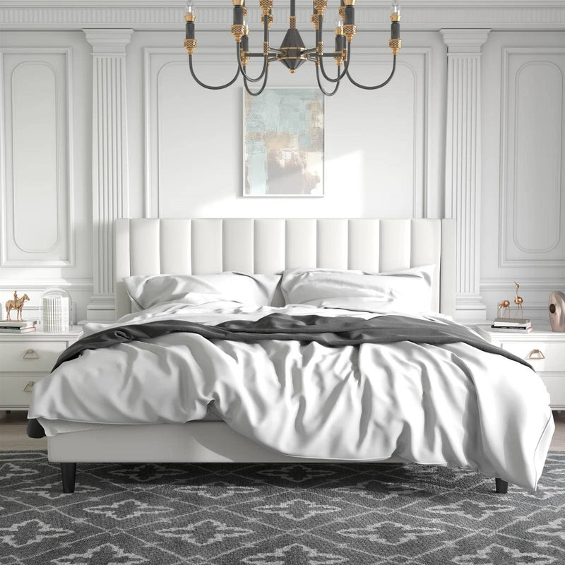 King size White Velvet Upholstered Platform Bed Frame with Headboard, photo 2 of 5