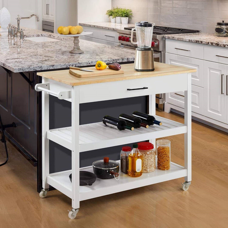 White Kitchen Island Cart with Drawer Storage Shelves and Locking Casters, photo 3 of 5