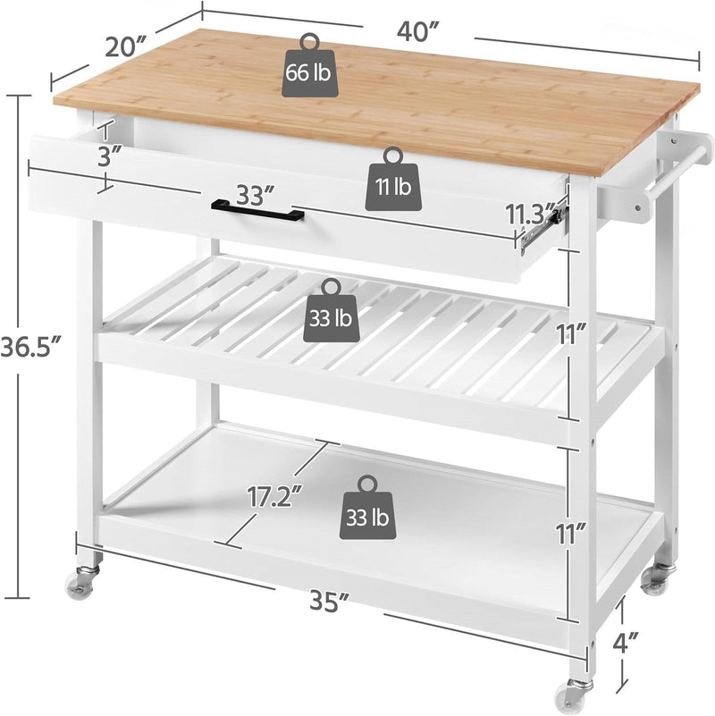 White Kitchen Island Cart with Drawer Storage Shelves and Locking Casters, photo 5 of 5