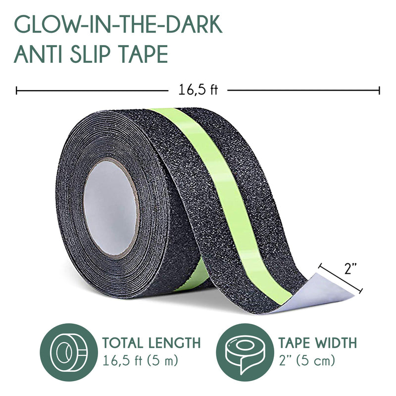 Non-Slip Glow In The Dark Tape - Waterproof Safety Anti Slip Tape For Staircase, Dark Areas - 2"X16.5' Roll, Glow