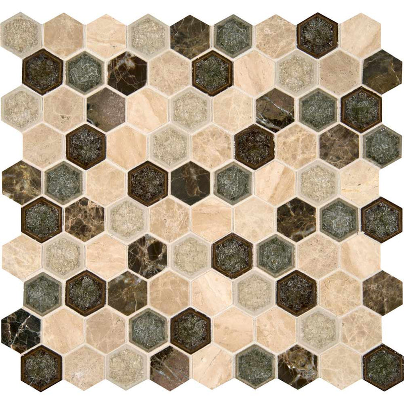 MSI Kensington 1" Hexagon Glass and Stone Mosaic Tile 12"x12"