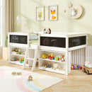 Kid Twin Size Low Loft Bed with Chalkboard Ramp Ladder and Bookcases-White