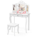 Kid Vanity Table Stool Set with Tri-Folding Mirror and 3-Color LED Lights by LJGDeals