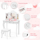 Kid Vanity Table Stool Set with Tri-Folding Mirror and 3-Color LED Lights-White