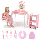 Kids Hair Salon Play Set with LED Lighted Mirror Wooden Pretend Hair Salon Station with Swivel Barber Chair