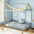 Twin Size Kids House Bed Wooden Floor Bed with Roof and Full-length Safety Guardrail by LJGDeals