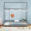 Twin Size Kids House Bed Wooden Floor Bed with Roof and Full-length Safety Guardrail by LJGDeals