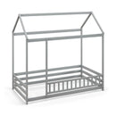 Twin Size Kids House Bed Wooden Floor Bed with Roof and Full-length Safety Guardrail by LJGDeals