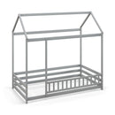 Twin Size Kids House Bed Wooden Floor Bed with Roof and Full-length Safety Guardrail