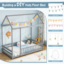 Twin Size Kids House Bed Wooden Floor Bed with Roof and Full-length Safety Guardrail by LJGDeals