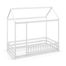 Twin Size Kids House Bed Wooden Floor Bed with Roof and Full-length Safety Guardrail by LJGDeals